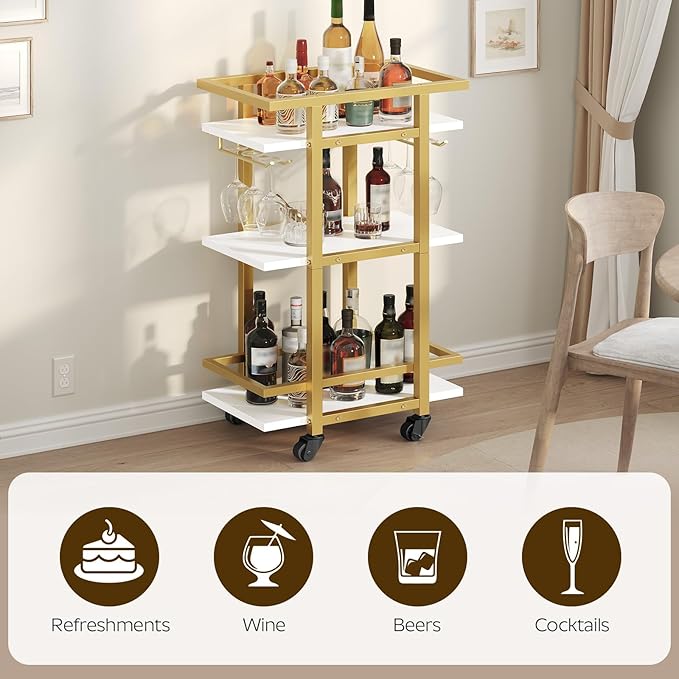 3 Tier Bar Cart, Home Bart Serving Cart with Glass Holders, Rolling Beverage Cart, Mobile Kitchen Shelf, for Home, Garden, Party, Gold BC09DW