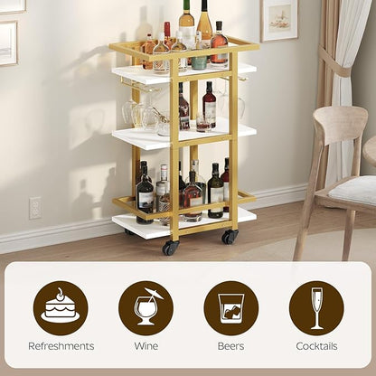 3 Tier Bar Cart, Home Bart Serving Cart with Glass Holders, Rolling Beverage Cart, Mobile Kitchen Shelf, for Home, Garden, Party, Gold BC09DW