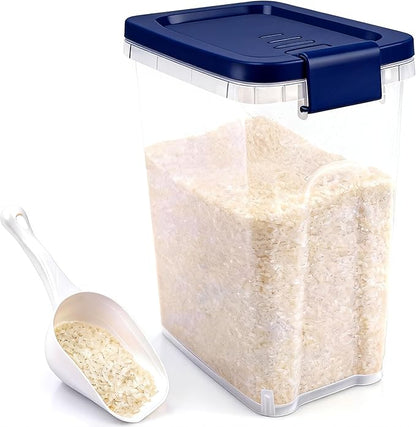Tight-Lock Rice Container 10-15 Lbs - Airtight Flour Container with Scoop - Plastic Food Storage Container for Cereal, Sugar - Dry Food Dispenser for Kitchen, Pantry Organizers and Storage - Dark Blue