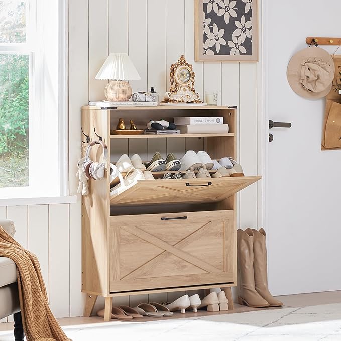 Shoe Storage Cabinet with 2 Flip Drawers, Boho Shoes Organizer for Entryway, Narrow Hidden Shoe Rack with Wood Legs & Open Storage, Free Standing Shoe Closet for Foyer, Hallway, Natural Oak