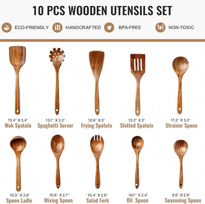 Terlulu 10 Pcs Wooden Spoons for Cooking, Natural Teak Wooden Kitchen Utensils Set, Durable Cooking Utensils Set with Comfort Grip for Cookware, Smooth Finish&NonStick& Heat Resistant Wooden Spatula