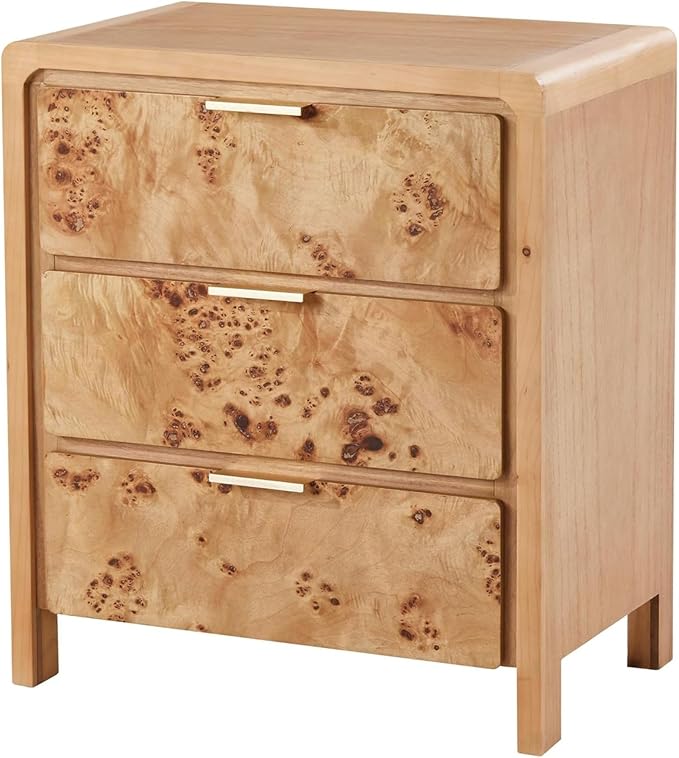 COZAYH Burl Finish 3 Drawer Nightstand, Wood Rustic Farmhouse Dresser, Vintage Accent Storage Bedside Table for Bedroom Entryway, Fully Assembled, Natural