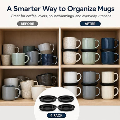 4-Pack Mug Organizer for Kitchen Cabinet, Stackable Coffee Mug Storage – Adjustable Cup Organizer for Tea Cups, Coffee Mugs, Glassware – Space-Saving Under Cabinet & Pantry Storage Solution
