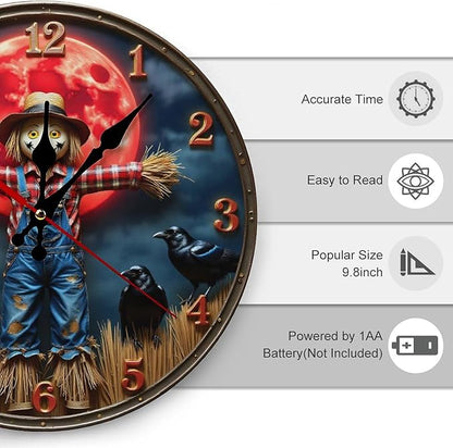 Wall Clock, Spooky Scarecrow Non Ticking Wall Clocks Battery Operated, Brown Wooden Wall Clocks for Living Room, Kitchen, Study Room Decorative 10 Inch
