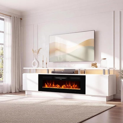 90" TV Stand for Living Room, Large Entertainment Center & Media Console, Fits TVs up to 100", Storage Cabinet with Shelves, 50" Electric Fireplace, White & Black