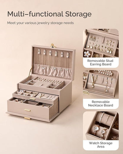 3-Tier Jewelry Box, Jewelry Organizer Box with 2 Drawers, Large Storage Capacity for Necklace Bracelets Earrings Rings, Lockable, Christmas Gift for Women, Light Taupe