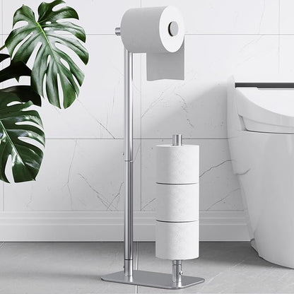 Kitsure Toilet Paper Holder Free Standing - Large Capacity Toilet Paper Holder for 4 Rolls, Rustproof Toilet Paper Stand with Non-Slip Stable Base, Silver, Medium