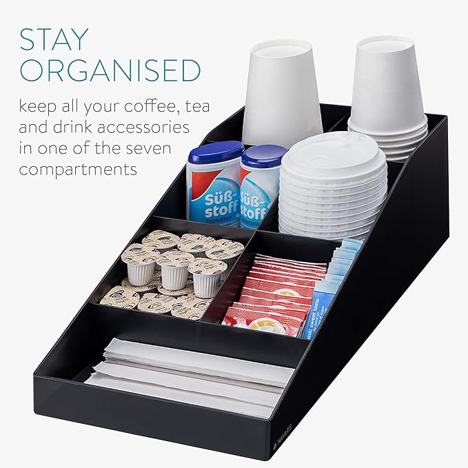 Navaris Coffee Station Organizer - 7 Compartment Coffee Bar for Sugar, Creamer, Cup, Tea - Office & Kitchen Countertop Organization