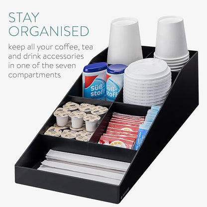 Navaris Coffee Station Organizer - 7 Compartment Coffee Bar for Sugar, Creamer, Cup, Tea - Office & Kitchen Countertop Organization