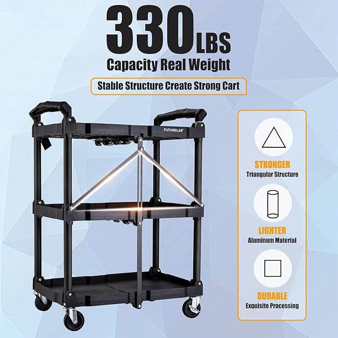 FUTURELAB Portable Folding Service Cart - 3 Tier 330LBS Capacity - Rolling Utility Foldable Cart with Wheels for Warehouse Home Workshops Garages Restaurants Offices
