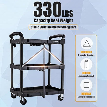 FUTURELAB Portable Folding Service Cart - 3 Tier 330LBS Capacity - Rolling Utility Foldable Cart with Wheels for Warehouse Home Workshops Garages Restaurants Offices