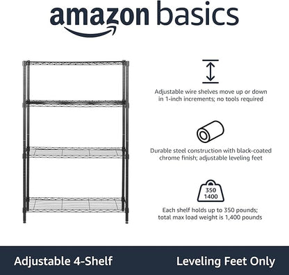Amazon Basics 4-Shelf Adjustable Heavy Duty Steel Wire Rack Storage Shelving, Sturdy Garage Shelving, 350 lbs Capacity Per Shelf, Easy No-Tool Assembly, 36" x 14" x 54", Black