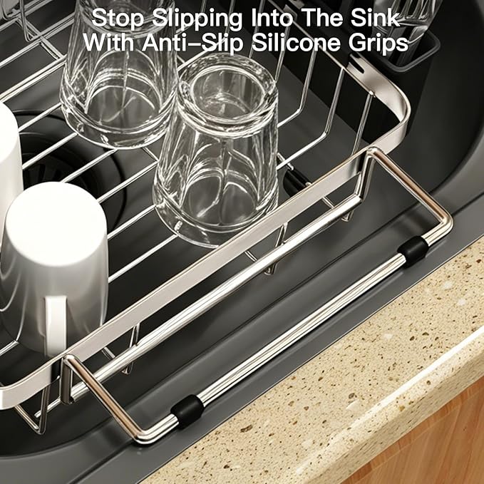 MAJALiS Dish Drying Rack Over The Sink, Expandable Stainless Steel Dish Drainer for Small Kitchen Counter Space Saving, RV Compact Plate Strainer In Silver Metal with Hanging Adjustable Utensil Holder