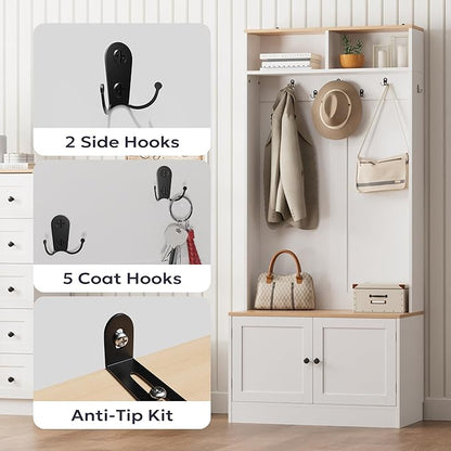 Entryway Hall Tree with Bench and Storage, 5-in-1 Farmhouse Coat Rack with 7 Hooks, Bench with Coat Rack with Storage Shelves for Hallway, Hallway, White