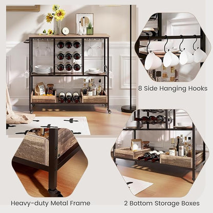 Giantex Bar Cart, 3 Tier Home Serving Cart on Wheels, Glass Racks, 12 Wine Holders, 8 Hooks & Storage Boxes, Industrial Rolling Beverage Cart for Coffee Bar, Kitchen, Dining Room