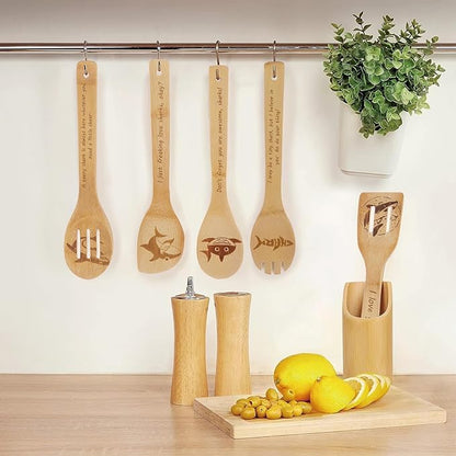 5PCS Shark Wooden Cooking Spoons Kitchen Decor Shark Gifts for Women Men Shark Lovers Birthday Gifts Party Favors Housewarming Wedding Bamboo Cooking Spoons for Everyday Use