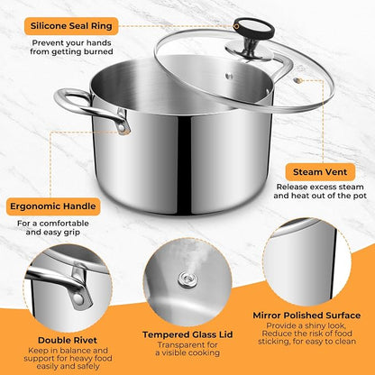 Tri-Ply Stainless Steel Stock Pot, 8 Quart Heavy Duty Induction Cooking Pot with Visible Lid for Pasta, Soup, Spaghetti, Sturdy & Double Handle, Dishwasher Safe
