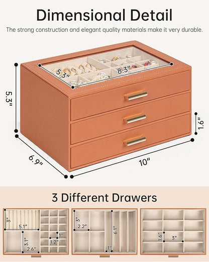AKOZLIN Jewelry Box with Clear Lid Functional Leather Jewelry Storage Organizer Case 3 Drawers for Women Girls Necklace Ring Bracelet Earring