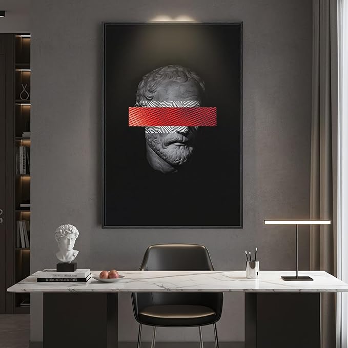Framed Modern Wall Art, Large Minimalist Canvas Prints Paintings for Walls, Black Grey and Red Contemporary Greco Roman Bust Pictures for Living Room Diningroom Bedroom Hallway Home Decor 24x36 In