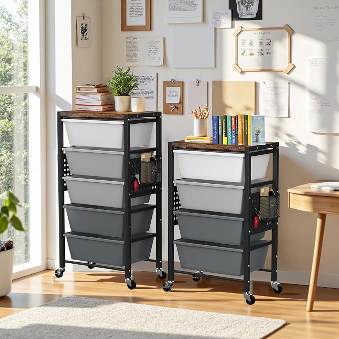 Rolling Cart with 4 Drawers, Plastic Drawer Storage Carts with Wheels & Wooden Tabletop, Metal Utility Cart with Pegboards, Office Living Room Classroom Craft Organization and Storage, Dark Grey
