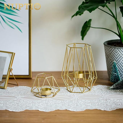 2 Pcs Metal Hexagon Shaped Geometric Design Tea Light Votive Candle Holders, Iron Hollow Tealight Candle Holders for Vintage Wedding Home Decoration, Gold (S + L)