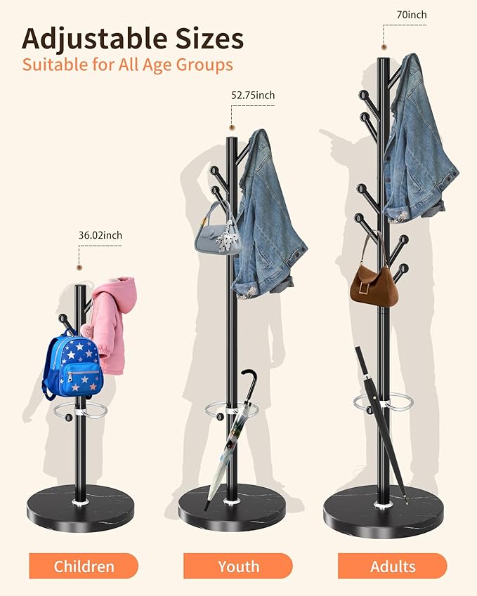 ZOZOE Metal Coat Rack Stand, Modern Coat Rack Freestanding with Natural Marble Base, Sturdy Industrial Coat Racks with 8 Hooks & Umbrella Holder,Black Coat Tree Hanger Stand for Entryway,Office