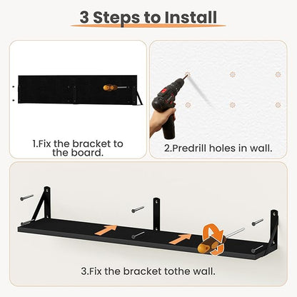upsimples Floating Book Shelves for Wall, 35.4 Inches Long Floating Wood Shelves for Living Room, Library, Bedroom, Office Organizer and Storage, Black