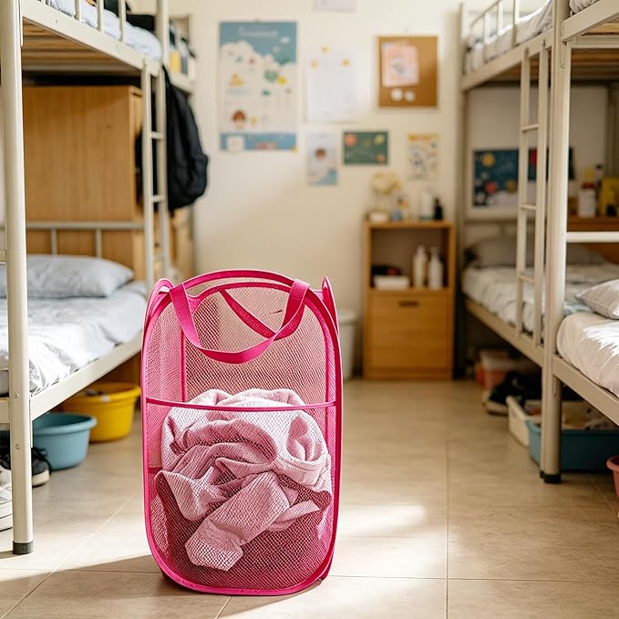 Larpur Popup Laundry Basket, Collapsible Portable Mesh Clothes Washing Laundry Hamper with Reinforced Carry Handles (Pink)