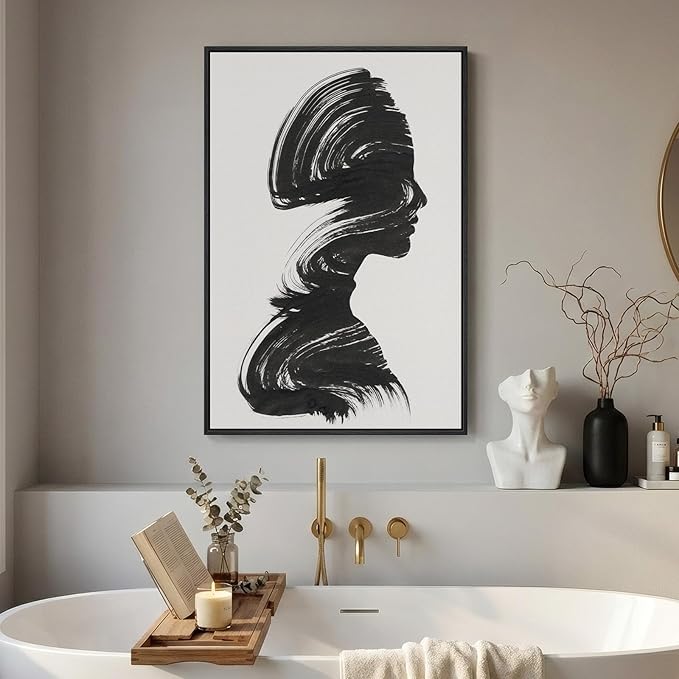 Framed Black and White Abstract Wall Art, Large Modern Minimalist Canvas Prints Paintings Artwork for Walls, Elegant Black Woman Silhouette Pictures for Living Room Dining Bedroom Wall Decor 24x36 In