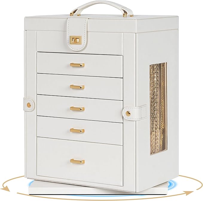 AKOZLIN Jewelry Box 6-Tier Organizer Functional 360° Rotating Jewelry Storage Case for Women Girls Ring Necklace Earring Bracelet Holder with Mirror