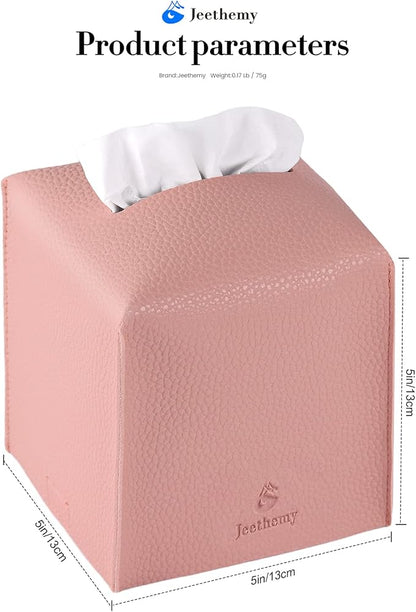 Tissue Box Cover, Jeethemy Square PU Leather Tissue Box Holder, Modern Tissue Case Facial Paper Organizer Dispenser，5X5X5'',Double Pink