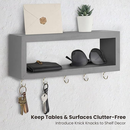 Wall Shelf with Hooks - Decorative Key and Wallet Holder for Wall Holds Sunglasses, Leashes, Scarves and Lanyards - 15.7" x 5.1" x 2.9" Entryway Organizer Made of Paulownia Wood (Gray)