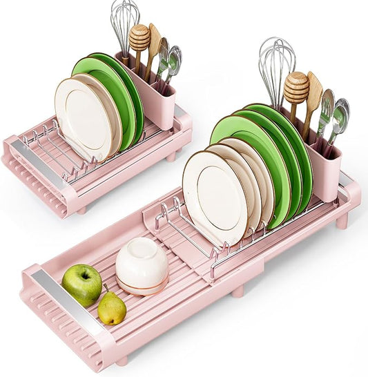 TOOLF Small Dish Drying Rack, Mini Expandable Compact Dish Rack, Slim Extendable Stainless Steel Dish Drainer for Kitchen Plate Storage, Space Saving Dish Strainer in Sink or on Home Countertop, Pink
