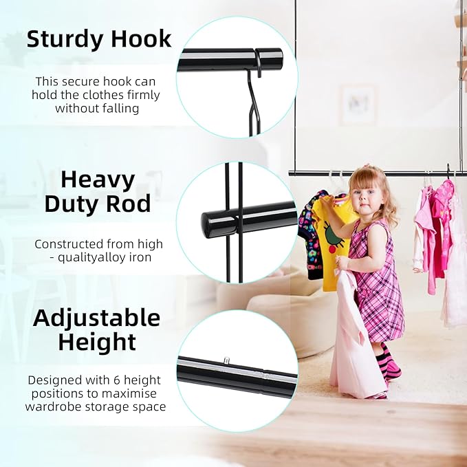 Hanging Closet Rod 46.85in Adjustable Height, Closet Extender Hanging Bar for Closet Rod Heavy Duty Closet Organizer, Black