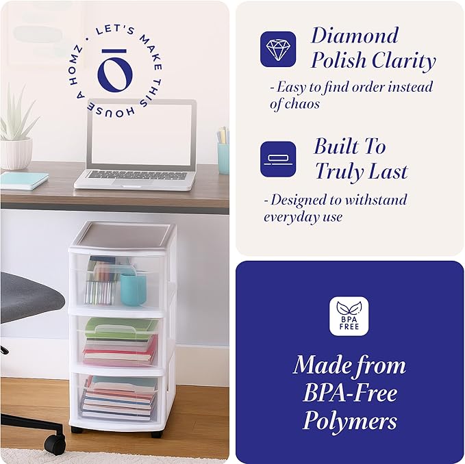 HOMZ 3-Drawer Storage Cart, Plastic Home, Dorm, & Office Organizer, White Frame
