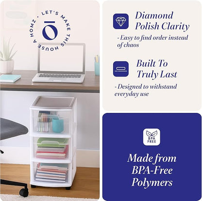 HOMZ 3-Drawer Storage Cart, Plastic Home, Dorm, & Office Organizer, White Frame