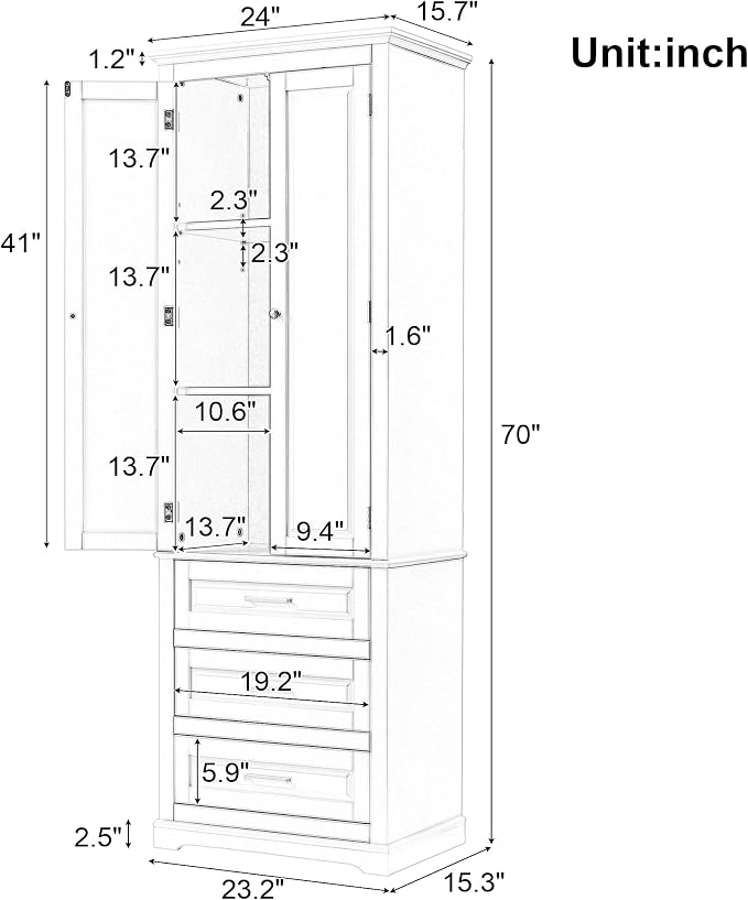 Polibi Tall Storage Cabinet with 3 Drawers, 3-Tier Adjustable Shelves & 2 Doors, Floor Freestanding Linen Cabinet for Bathroom, Living Room, Grey