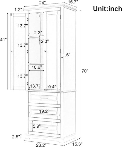 Polibi Tall Storage Cabinet with 3 Drawers, 3-Tier Adjustable Shelves & 2 Doors, Floor Freestanding Linen Cabinet for Bathroom, Living Room, Grey