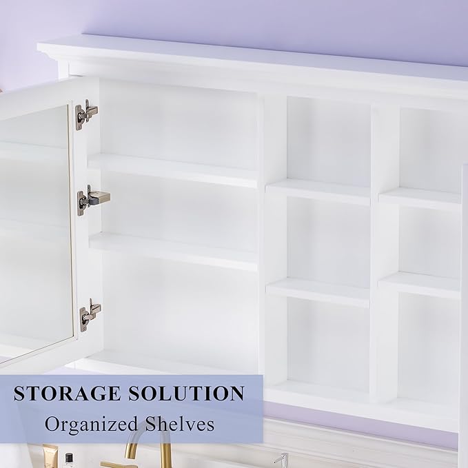 WELLFOR 55 x 30-in Bathroom Cabinet with Double-Side Mirrors, Wall Mounted Wood Mirror Storage Cabinet with 2 Soft-Close Door/ 6 Solid Wood Shelves, Anti-Fog Glass, Z-bar Hangs Vertically, White