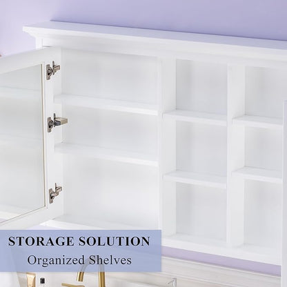 WELLFOR 55 x 30-in Bathroom Cabinet with Double-Side Mirrors, Wall Mounted Wood Mirror Storage Cabinet with 2 Soft-Close Door/ 6 Solid Wood Shelves, Anti-Fog Glass, Z-bar Hangs Vertically, White