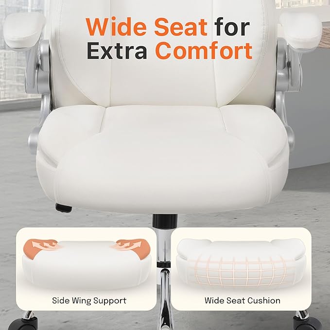 NEO CHAIR Ergonomic Office Desk Gaming Computer Chair Executive High Back Support Flip-up Arms Adjustable Height Swivel Rolling Wheels Comfy PU Leather for Home (White)