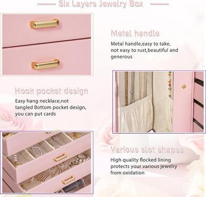 AKOZLIN 6-Tier Jewelry Box Organizer Functional Leather Jewelry Storage Case for Women Girls Ring Necklace Earring Bracelet Holder Organizer with Mirror