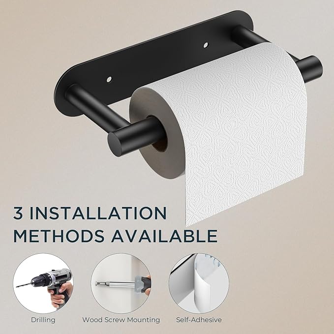FORIOUS Toilet Paper Holder, Adhesive or Screw Wall Mount Pivoting Tissue Roll Holder for Bathroom, Stainless Steel Rustproof Self Adhesive Toilet Paper Roll Holder no Drilling, Matte Black