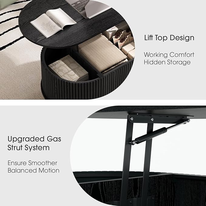 SULIVES Oval Coffee Table with Storage, Multifunctional Coffee Table with Lifting Top, Small Fluted Center Table for Living Room, Black