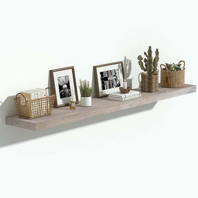 Vivelove Elm Wood Floating Shelves, Wooden Shelves for Wall with Invisible Bracket for Living Room Bedroom Bathroom Office Book, Rustic Farmhouse Decor Storage & Display, 48 Inch Set of 1- Grey