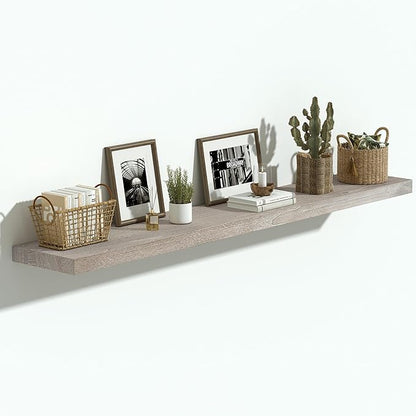 Vivelove Elm Wood Floating Shelves, Wooden Shelves for Wall with Invisible Bracket for Living Room Bedroom Bathroom Office Book, Rustic Farmhouse Decor Storage & Display, 48 Inch Set of 1- Grey