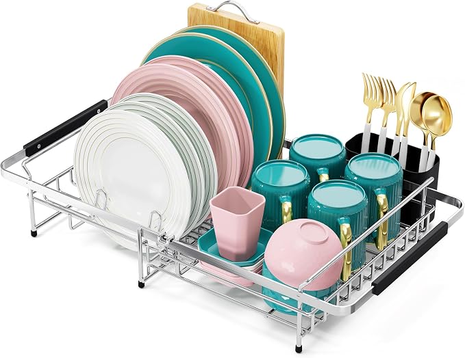 Urackify Expandable Stainless Steel in Sink Dish Drying Rack, Dish Rack Over Sink, Rustproof Dish Drainer for Kitchen Counter, Dish Strainer with Utensil Holder, Fit Sink for 13"-18", Silver