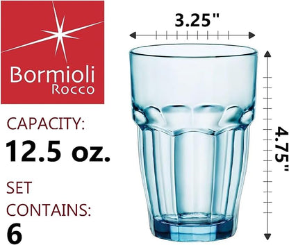 Bormioli Rocco Rock Bar 12.5 oz. Long Drink Stackable Tempered Beverage Glasses for Cold Drinks, Water, and Cocktails, Set of 6, Ice Blue