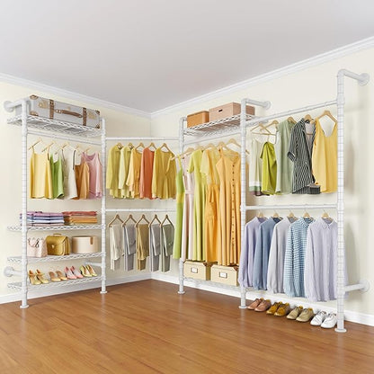 Timate L4 L Shape Garment Rack Heavy Duty Clothes Racks for Hanging Clothes, Expandable Industrial Pipe Clothing Rack Wall Mounted Closet Organizer Large Wardrobe Closet Kit Corner Closet System White
