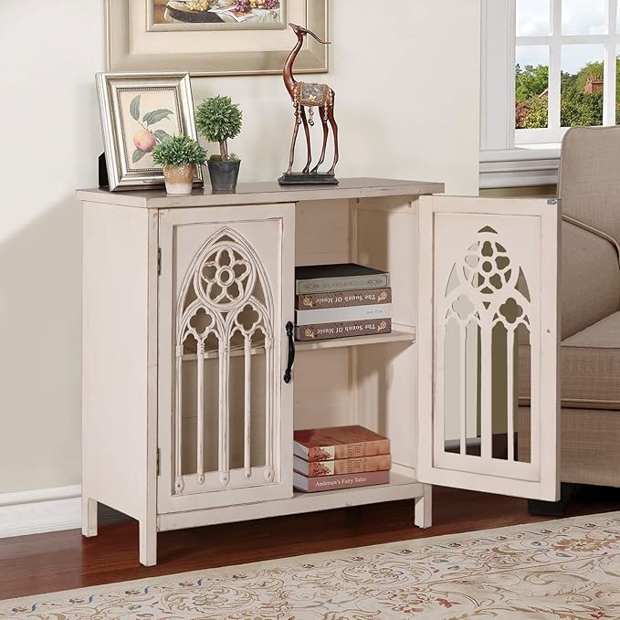 Sophia & William Accent Cabinet with Doors, Distressed Storage Cabinet Display Cabinet with Hollow-Carved Church Window Door for Entryway Living Room, White